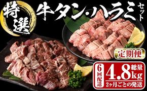 ＜定期便・全6回 (2か月ごとの発送)＞ 特選 牛タン ・ 牛ハラミ セット (総量4.8kg) 定期便 小分け 牛肉 肉 タン 牛たん ハラミ 牛はらみ 詰め合わせ 味付け 焼肉 塩 BBQ 冷凍 大分県 佐伯市【DH328】【ネクサ】