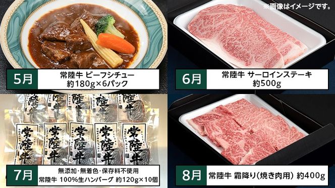 【茨城県共通返礼品】【定期便】 【12回コース】  常陸牛 贅沢 満喫 定期便（12ヶ月連続でお届け） 牛肉 黒毛和牛 国産 切り落とし すき焼き 焼肉 赤身 霜降り ステーキ ハンバーグ ローストビーフ [AU032ya]