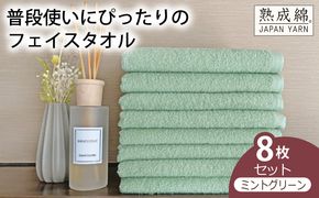 knt0052 泉州タオル「普段使いにぴったりのフェイスタオル」８枚セット（ミントグリーン）【泉州タオル 国産 吸水 普段使い 無地 シンプル 日用品 家族 ファミリー】