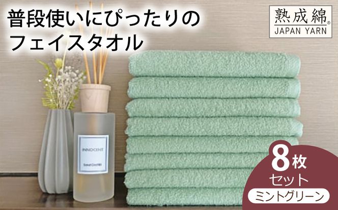 knt0052 泉州タオル「普段使いにぴったりのフェイスタオル」８枚セット（ミントグリーン）【泉州タオル 国産 吸水 普段使い 無地 シンプル 日用品 家族 ファミリー】