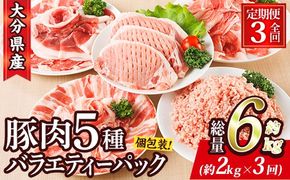 ＜定期便・全3回 (連続)＞ 豚肉 バラエティーパック (総量6kg・5種)豚バラ しゃぶしゃぶ 鍋 とんかつ ロース 小分け 個包装 豚こま 小間切れ スライス ミンチ セット 詰め合わせ 冷凍 食べ比べ 国産 大分県 佐伯市【BD321】【西日本畜産】