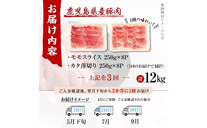 〈3回定期便〉鹿児島県産 豚モモスライス&カタ薄切り 各250g×8Pずつ 計4kg×3回 t0051-003
