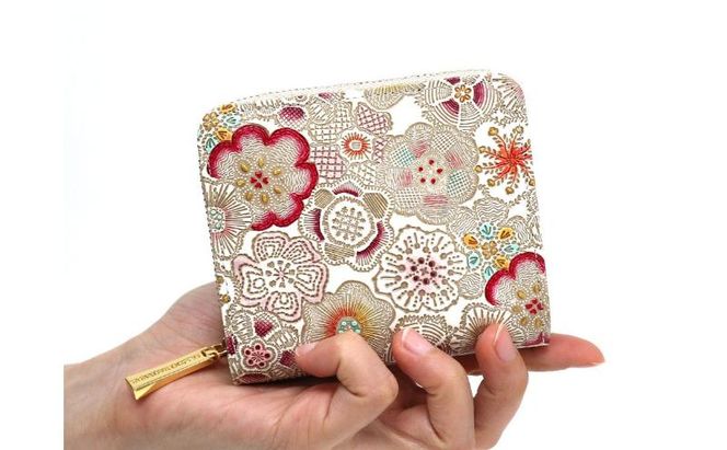 【文庫屋大関】二つ折りファスナーミニ財布 春らんまん＜茜＞【皮革工芸品】財布 二つ折り 小物 お札 カード 小銭 コンパクト 牛革 手作り 日本製 墨田区 東京都