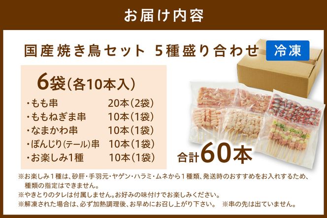 たっぷり60本 国産焼き鳥セット 5種盛り合わせ60本　焼鳥 やきとり ヤキトリ yakitori 鳥 鶏 鶏肉 もも モモ ねぎま ネギま なまかわ なま皮 テール 串 国産 冷凍 惣菜 おかず おつまみ セット 小分け 鳥肉 大量 大盛り キャンプ きゃんぷ ソロキャンプ アウトドア あうとどあ チキン KN00011