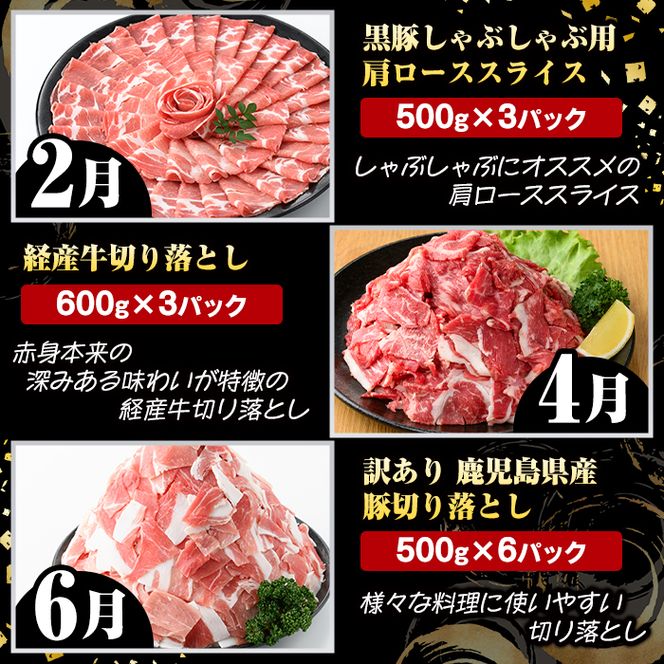 ＜定期便・全6回(偶数月)＞6人家族用！鹿児島県産 牛肉・豚肉 詰め合わせ B (総量9.8kg) 国産 黒豚 しゃぶしゃぶ 肩 ロース スライス 訳あり 切り落とし 黒毛和牛 サーロイン ステーキ 黒豚 バラ カタ ウデ 小分け セット 【スターゼン】akn042-38