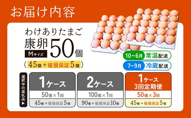 【3回定期便】卵【わけあり】霧島山麓育ち こだわり卵 康卵 Mサイズ 計 50個（45個 + 割れ保証 5個）たまご 玉子 タマゴ 卵焼き 玉子焼き たまご焼き 生卵 鶏卵 たまごかけごはん 国産 九州産 宮崎県産 送料無料