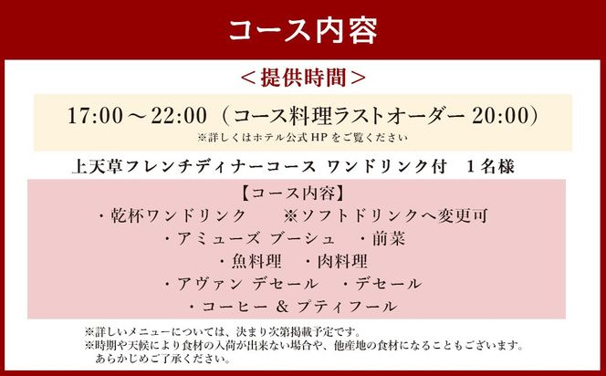 【東京駅上空】27Fのホテルレストラン「上天草フレンチディナーコース ワンドリンク付」1名様 フレンチ ディナー レストラン お食事券 おひとり お一人様 上天草市【2026年11月下旬～2027年1月上旬発送予定】