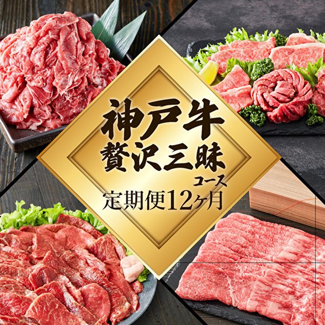 神戸牛 定期便 12ヶ月連続お届け 贅沢三昧 すき焼き肉 焼肉 ロースステーキ 焼肉食べ比べ 切り落とし スジ肉