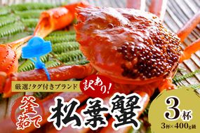 【訳あり！！タグ付きブランド】茹で松葉かに 鮮度抜群、釜茹でにてお届け！！ 400g級（足1本落ち）×3杯　YK00500