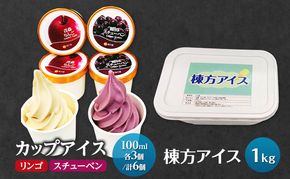 【鶴田町の美味しさギュッと詰め込んだカップアイス食べ比べ（スチューベン、リンゴ）100ml各3個/計6個】＆棟方アイス1kg お菓子 懐かしの味 ふんわり 青森県 鶴田町
