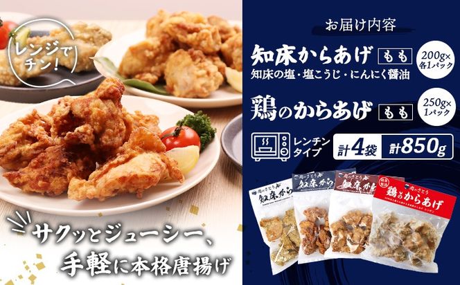 【レンジで簡単】知床からあげ【知床の塩・にんにく醤油・塩こうじ】もも鶏のからあげ 850g（200g×各1パック、250g×1パック）【3502202】