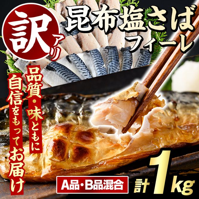 訳あり！昆布塩さばフィーレ(A品B品混合・計1kg) サバ 鯖 おかず おつまみ 惣菜 焼き魚 切り身 昆布 ご家庭用 リピート 【グローバルフーズ】akn061-23
