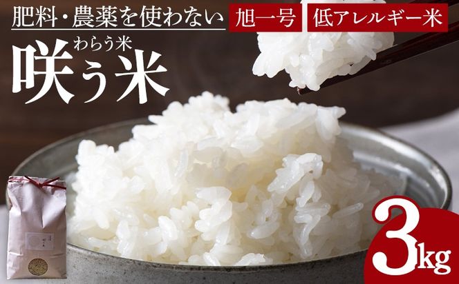 ★令和6年産・新米★＜「咲う米」（わらう米・自家採取旭一号）3kg＞翌月末迄に順次出荷【 米 コメ お米 精米 自然栽培 低糖質米 ふっくら 朝ごはん 昼食 おにぎり ご飯 飯 2024年 ランチ 主食 】【b0524_kc-haku】