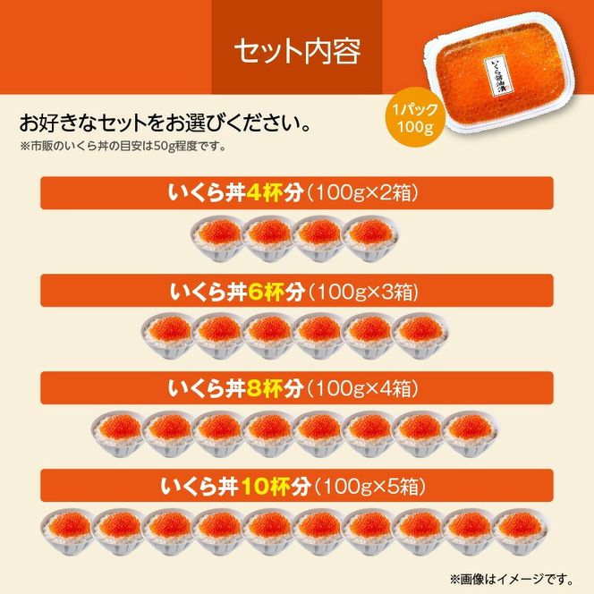 北海道産 いくら 選べる 内容量 100g × 2 ～ 5箱 醤油漬け 新鮮 瞬間凍結 ガスパック方式 できたて 色 香り 味 本場 いくら丼 魚卵 海鮮 自然解凍 簡単 夕食 晩ごはん 小分け パック 便利 冷凍 食品 お取り寄せ お取り寄せグルメ 北海道 函館市 送料無料_HD117-030-sku