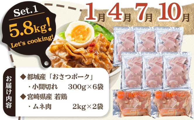 大容量！隔月5回お届け！「おさつポーク」と宮崎県産若鶏定期便_T85（5）-1403_(都城市) 隔月 5回お届け おさつポーク 豚肉 県産若鶏 鶏肉 業務用 毎回5kg以上 冷凍 栗山ノーサン