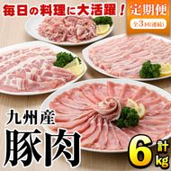 ＜定期便・全3回＞豚肉詰め合わせ(計6kg・1パック250g) 国産 九州産 小分け 個包装 真空パック 定期便 鍋 冷凍配送 ぶた肉 ポーク セット 詰め合わせ ロースしゃぶしゃぶ 肩ロース生姜焼き 豚バラスライス こま切れ【三九】akn006-12