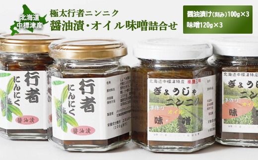 行者ニンニク 醤油漬 オイル味噌 各3個 セット オンライン 申請 ふるさと納税 北海道 中標津 行者にんにく しょうゆ漬 味噌 幻の山菜 山菜 山の幸 野菜 万能 調味料 瓶詰 疲労回復 健康効果 長寿 体力増強 ご飯のお供 お酒のあて 中標津町[20003]