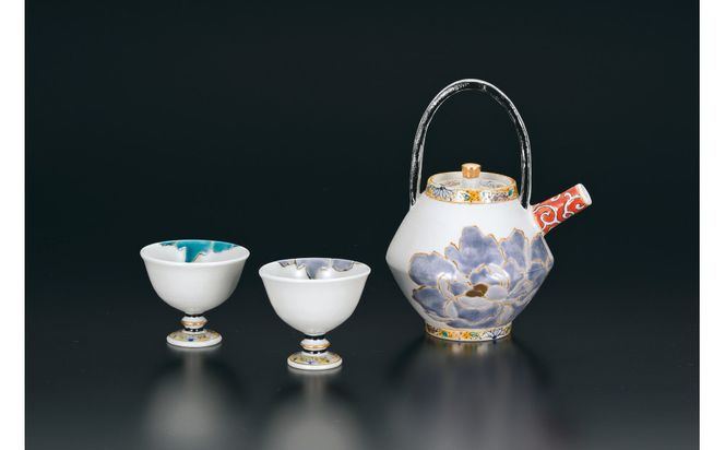 酒器揃　碧紫牡丹図　佐藤剛志 民芸品 工芸品 雑貨 日用品 徳利 お猪口 鮮やか 172111_CY3098