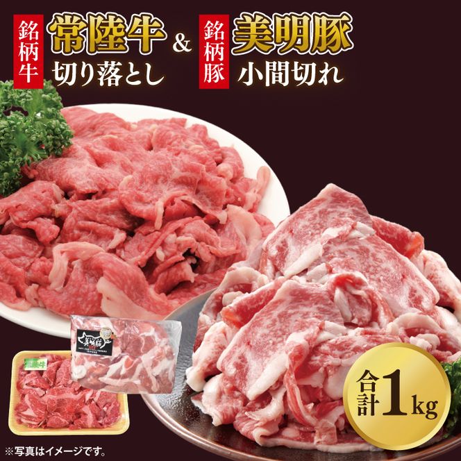 美明豚小間切れ＆常陸牛切り落とし 計1kg(各約500g×1)｜肉 お肉 牛肉 肉類 牛肉 常陸牛 美明豚 切り落とし 小間切れ セット アソート ブランド 使い切り 少量 茨城県 行方市(DH-32)