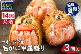 《14営業日以内に発送》船長自慢のオホーツク産毛がにの甲羅盛り 3個入り 冷凍 ( 毛ガニ 毛がに 毛蟹 蟹 かに カニ 甲羅盛り オホーツク海 北海道 北見市 ふるさと納税 グラタン チーズ カニ身 )【114-0073】
