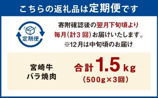 【3ヶ月定期便】＜宮崎牛バラ焼肉 500g（1パック：500g×3回）＞お申込みの翌月下旬頃に第一回目発送（12月は中旬頃） 牛肉 お肉 肉 和牛 新生活応援 卒業祝い 就職祝い 入学 卒業 お花見 引越し【c1353_mc_x3】