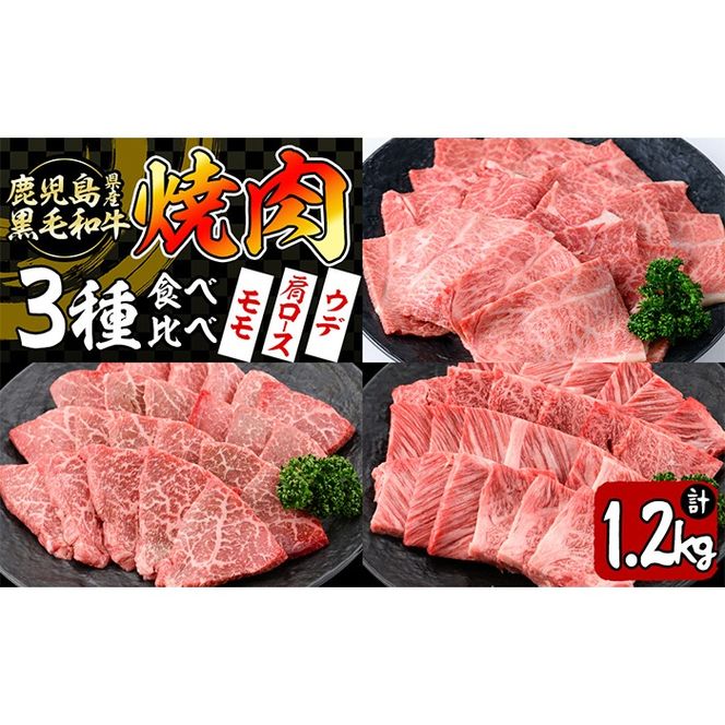 【焼肉3種！食べ比べセット】鹿児島県産黒毛和牛 モモ・肩ロース・ウデの焼肉3種セット＜計1.2kg＞ c0-109