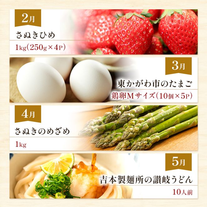 東かがわ市お楽しみ頒布会(12回) サーモン キウイ 黒毛和牛 みかん いちご 卵 アスパラ 讃岐うどん メロン 豚肉 ブルーベリー シャインマスカット 香川