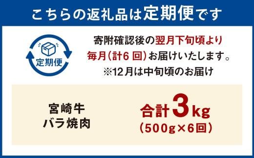 【6ヶ月定期便】＜宮崎牛バラ焼肉 500g（1パック：500g×6回）＞ お申込みの翌月下旬頃に第一回目発送（12月は中旬頃） 牛肉 お肉 肉 和牛 新生活応援 卒業祝い 就職祝い 入学 卒業 お花見 引越し【c1356_mc_x2】