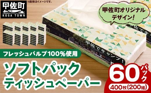 ティッシュペーパーソフトパック 400枚(200組)60パック - ソフトパック ティッシュ ペーパー 生活用品 雑貨 日用品 必需品 紙 常備品 まとめ買い 備蓄 防災 ストック 熊本県 甲佐町[ZC][価格改定XB]