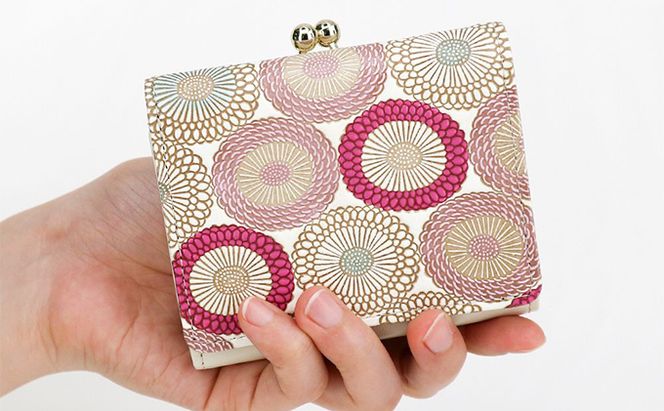 【文庫屋大関】三つ折りミニ財布　笠菊（桃花）【皮革工芸品】 ファッション 小物 民芸品 お札 カード 小銭 手のひらサイズ コンパクト 厄除け 牛革 手作り 大人可愛い 