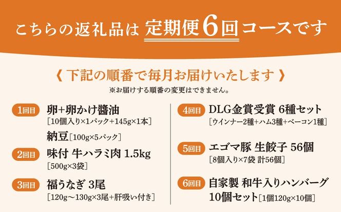 おかず定期便 【全6回お届け】 6ヶ月定期便 翌月発送 たまご 生卵 納豆 しょうゆ 味付き 牛ハラミ うなぎ 蒲焼 ウインナー ハム ベーコン 餃子 ハンバーグ 定期 冷凍 冷蔵 福島牛 やまと豚 養殖 時短 詰合せ セット 厳選定期 福島県 田村市 福島 ふくしま N000-004