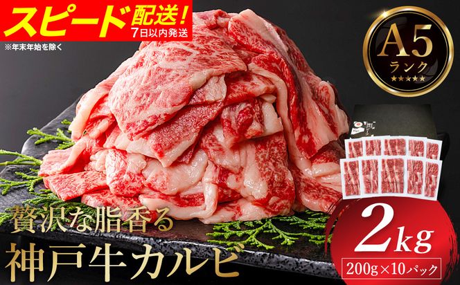 神戸牛 カルビ焼肉 2kg（200g×10パック） / A5ランク 牛カルビ 小分け 牛肉 焼肉 カルビ バラ 肉 ばら肉 焼き肉 密着包装 霜降り バーベキュー 冷凍 国産牛 ブランド牛 黒毛和牛 神戸ビーフ 化粧箱入り ギフト【帝神志方ミート】