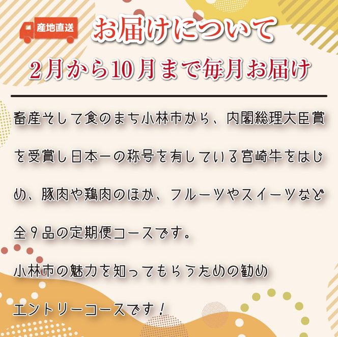 【定期便・全9回】日本一宮崎牛と小林市の魅力満載!!! 小林満足おためし定期便 10万円コース（国産 牛肉 国産牛 和牛 黒毛和牛 すき焼き フルーツ お菓子 豚肉 鶏肉 スイーツ 定期便）