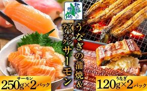 020C503d 【7/26土用の丑の日】五郎藤 国産 関西風 地焼き有頭旨鰻 120g×2尾＆アトランティックサーモン 250g×2パック【食べ比べ】