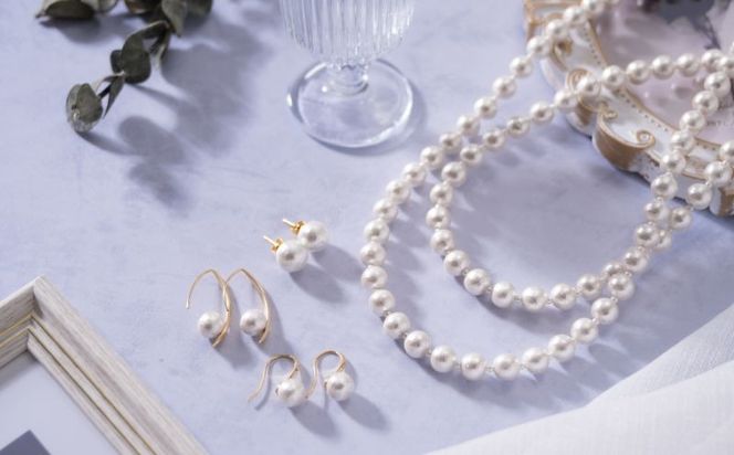 GL017コットンパール「ホワイト」ロングネックレス(金具ゴールド)とピアス３点セット