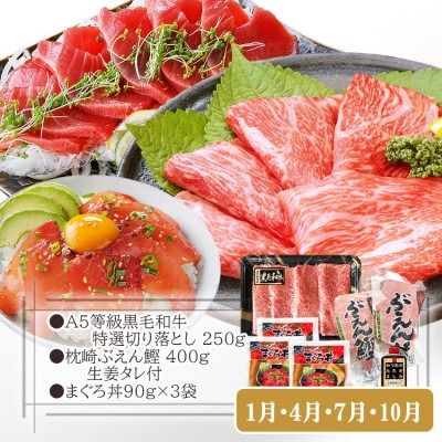 定期便3回配送　お楽しみ定期便(黒毛和牛・黒豚・かつお・まぐろ) LL-6014 【1485110】