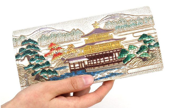 【文庫屋大関】スッキリ大人の財布　束入れ　浮世絵　金閣寺【皮革工芸品】 ファッション小物 手作業 手塗 