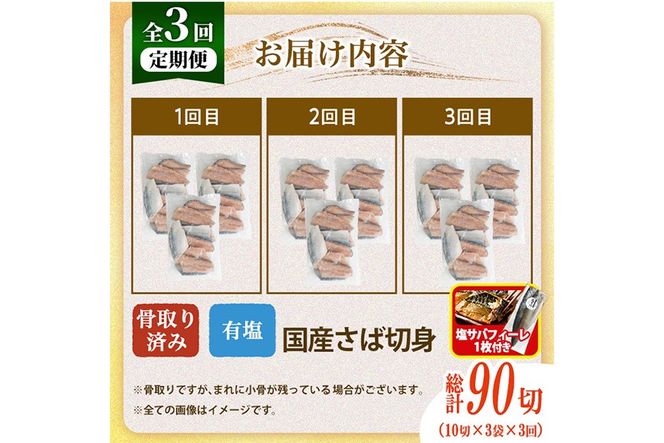 【定期便・全3回(連続)】骨取り 国産 塩 さば 切身(総計90切)塩さばフィーレ付き 鯖 サバ 骨なし 骨とり 冷凍食品 魚 魚介 小分け パラパラ冷凍 【AW-131】【丸正水産】