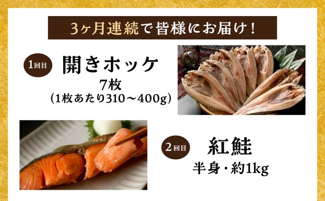 【3ヶ月定期便】 海物語～北見からの贈り物～ ( 海鮮 海の幸 定期便 ホッケ カニ さけ しゃけ 紅鮭 蟹 かに ほっけ 魚 逸品 )【999-0272】