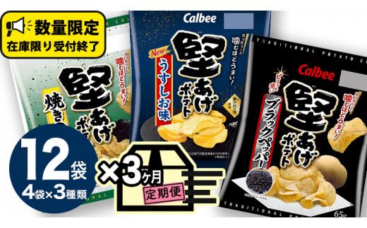 【 カルビー 3ヶ月 定期便 】 堅あげポテト 3種 各4袋 セット ( 計12袋 ) うすしお ブラックペッパー 焼きのり 堅あげ かたあげ ポテト ポテチ お菓子 おかし 大量 スナック おつまみ ジャガイモ じゃがいも まとめ買い 数量限定 [DA017us]