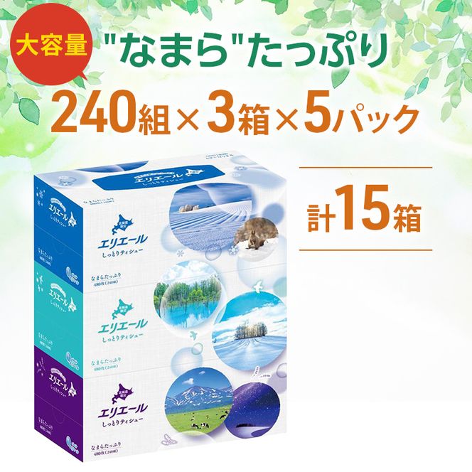 エリエール ハーフサイズ 収納に便利 コンパクト 【少量5パック】 北海道 しっとりティシュー なまらたっぷり 240組3箱 5パック 計15箱 最短 10日以内配送 最短配送 ふるさと納税限定デザイン 箱ティッシュ 備蓄品