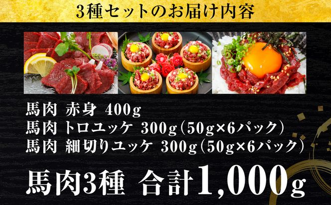 馬肉 3種1000g (赤身400g、トロユッケ300g、細切りユッケ300g) 馬 馬焼き レア ユッケ 冷凍 新感覚 特殊加工 熟成 加熱加工 低温調理 熊本県 八代市