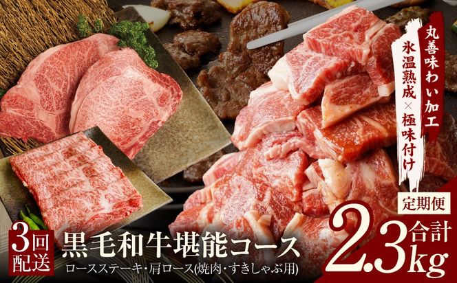 mrzZ003 黒毛和牛 定期便 全3回 （ステーキ／すき焼き・しゃぶしゃぶ／焼肉）堪能コース 丸善味わい加工【毎月配送コース】