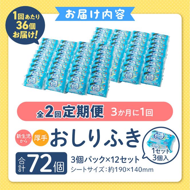 【2回定期便】水分たっぷり純水99％ おしりふき80枚入×3Ｐ×12セット（計72個） ウエットティッシュ ウェットティッシュ ウエットシート ウェットシート  [032T01-T]