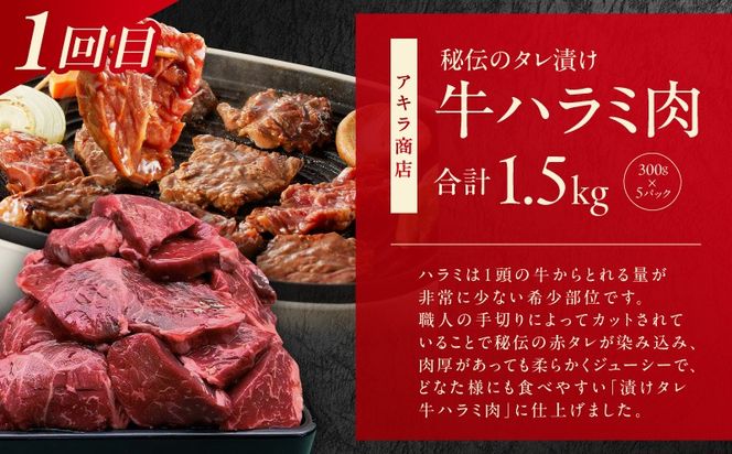 099Z647 1位獲得の肉 定期便 全3回 総量 4.5kg【牛肉 焼肉 牛タン ハラミ 牛ヒレ お肉 福袋 訳あり サイズ不揃い 毎月配送コース】
