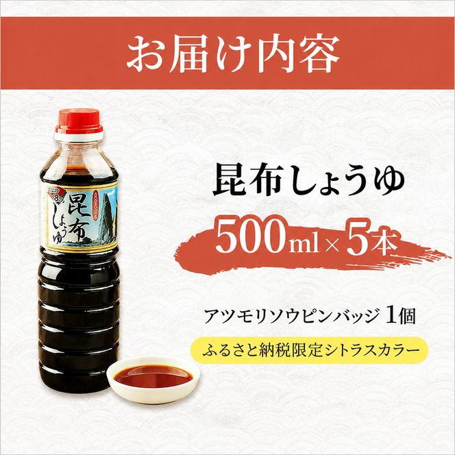 【礼文島リボンプロジェクト】北海道 礼文島 香深産 上品な旨み 利尻昆布しょうゆ 500ml×5本(ピンバッジ付)［香深漁業協同組合］【 醤油 しょうゆ 昆布しょうゆ だし醤油 天然 利尻昆布 自然保護 寄付 和食 】
