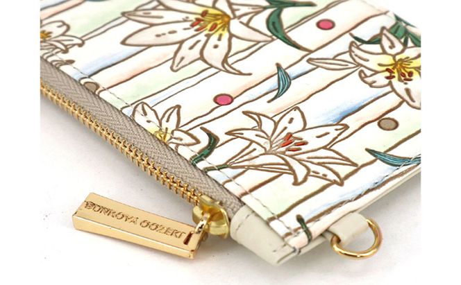 【文庫屋大関】すっきりカードケース　ホワイトリリー【皮革工芸品】 ファッション小物 雑貨 フラグメントケース 小銭入れ付き 収納 スマート 日本製 花柄 