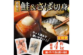 【定期便・全6回(連続)】骨取り さば切身と鮭カットのセット(総量約4kg) 鮭 小分け 冷凍 サーモン シャケ サケ サバ 鯖 骨なし 骨取り セット 魚 魚介 【AW-106】【丸正水産】