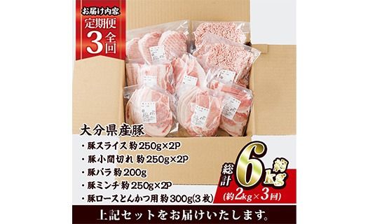 ＜定期便・全3回 (連続)＞ 豚肉 バラエティーパック (総量6kg・5種)豚バラ しゃぶしゃぶ 鍋 とんかつ ロース 小分け 個包装 豚こま 小間切れ スライス ミンチ セット 詰め合わせ 冷凍 食べ比べ 国産 大分県 佐伯市【BD321】【西日本畜産】