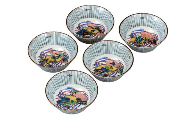 九谷焼　4.5号小鉢揃　扇絵変り （5枚セット）a01 食器 キッチン雑貨 キッチンアイテム 雑貨 小物 お皿 小皿 食卓 テーブルコーディネート 贈り物 普段使い 